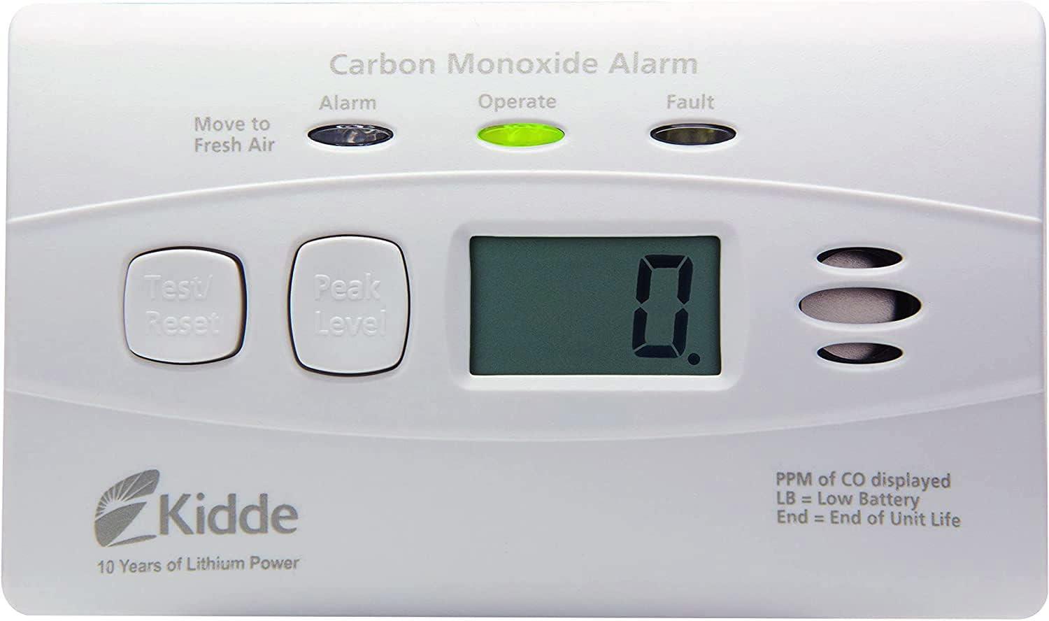 imageKidde Carbon Monoxide Detector with 10Year Battery Digital Display 3 LEDs Replacement Indicator Peak Level Memory 2 Pack1 pack