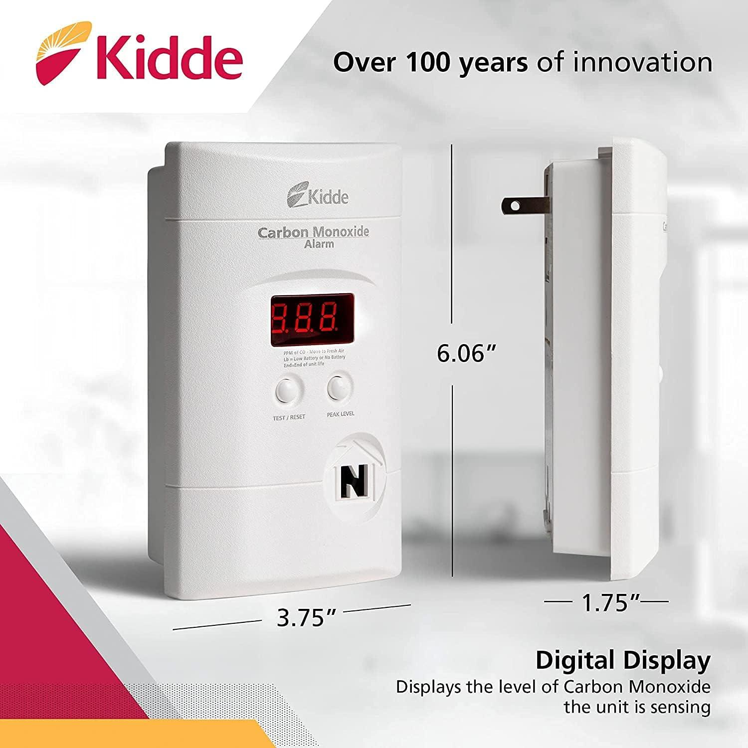 imageKidde Carbon Monoxide Detector with 10Year Battery Digital Display 3 LEDs Replacement Indicator Peak Level Memory 2 Pack2 packs