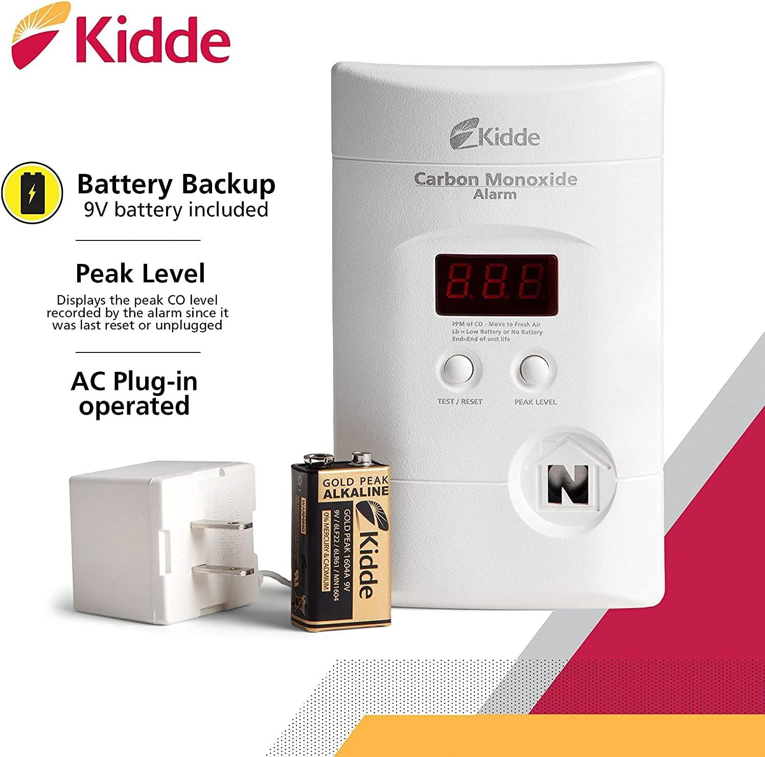 imageKidde Carbon Monoxide Detector with 10Year Battery Digital Display 3 LEDs Replacement Indicator Peak Level Memory 2 Pack2 packs