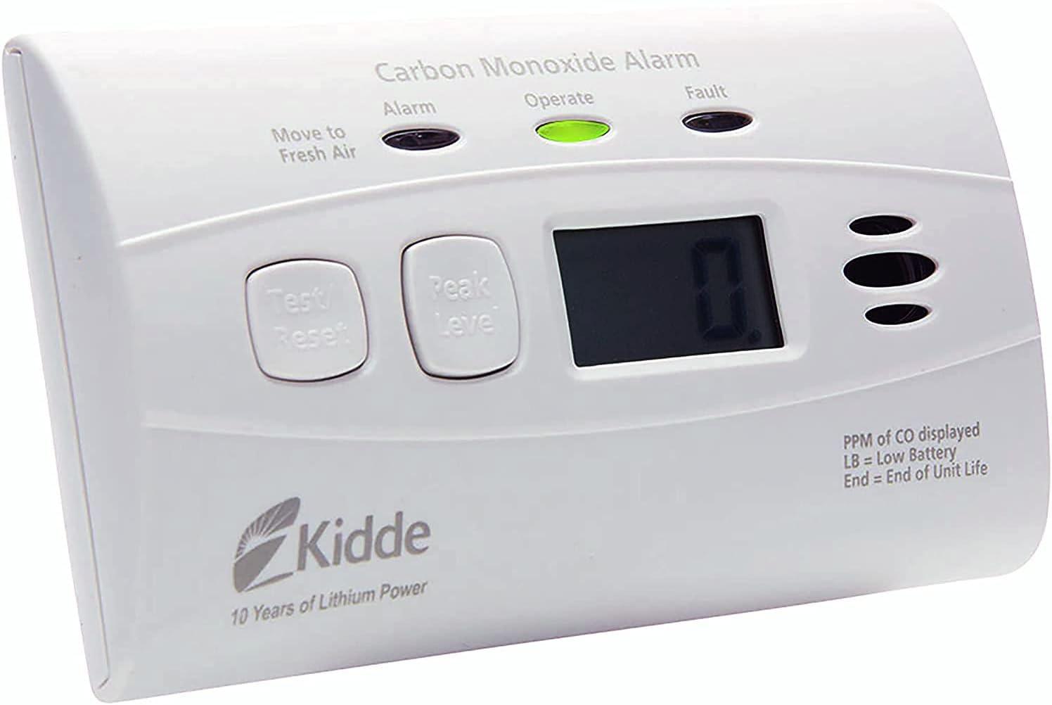imageKidde Carbon Monoxide Detector with 10Year Battery Digital Display 3 LEDs Replacement Indicator Peak Level Memory 2 Pack2 packs