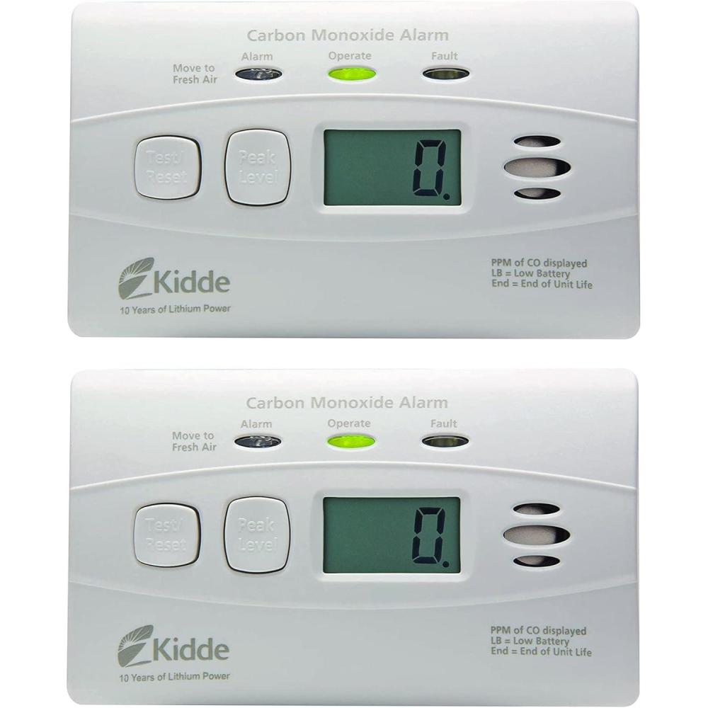 imageKidde Carbon Monoxide Detector with 10Year Battery Digital Display 3 LEDs Replacement Indicator Peak Level Memory 2 Pack2 packs