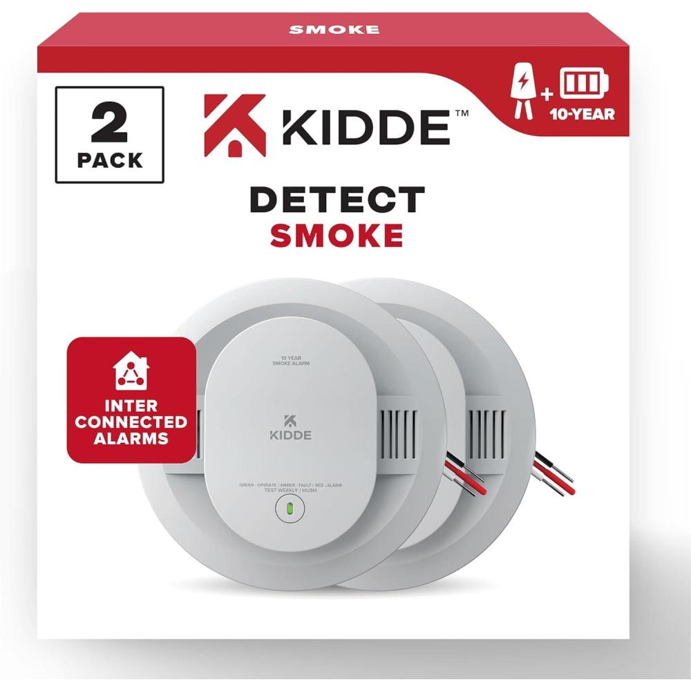 imageKidde Hardwired Smoke Detector 10Year Battery Backup Interconnectable LED Warning Light Indicators 2 Pack2 Pack