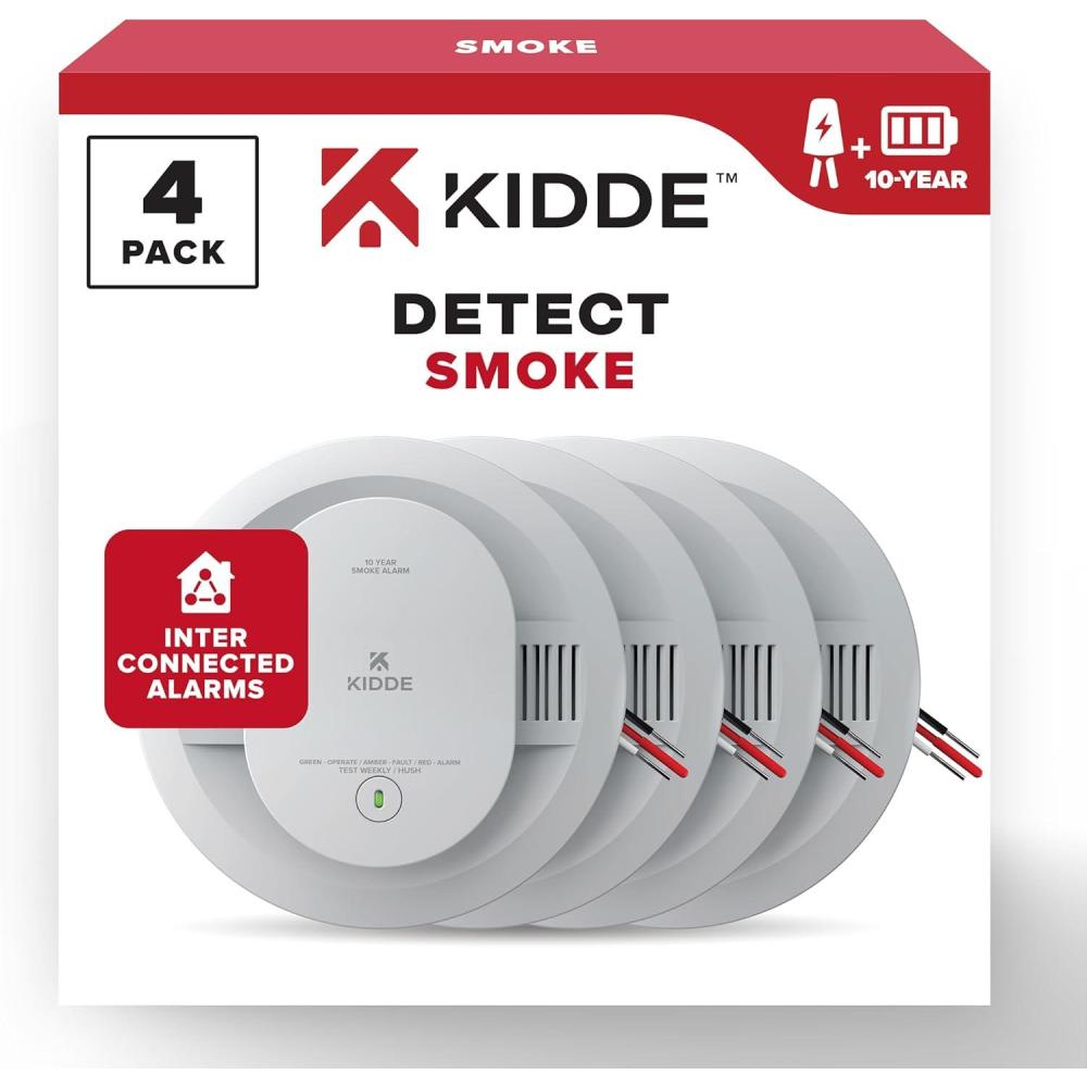 imageKidde Hardwired Smoke Detector 10Year Battery Backup Interconnectable LED Warning Light Indicators 2 Pack4 Pack