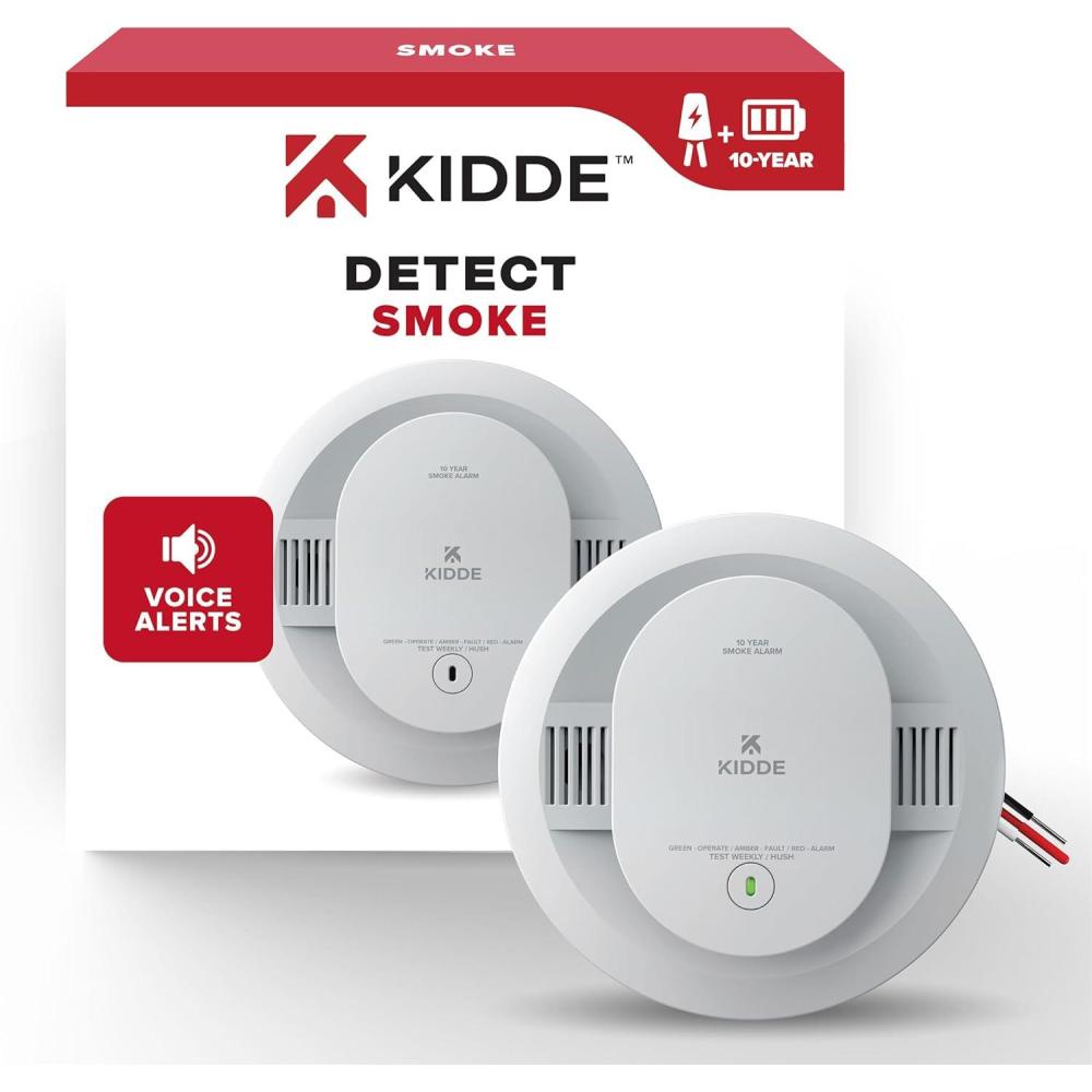 imageKidde Hardwired Smoke Detector 10Year Battery Backup Voice Alerts Interconnectable LED Warning Light Indicators 20SA10V1 Pack