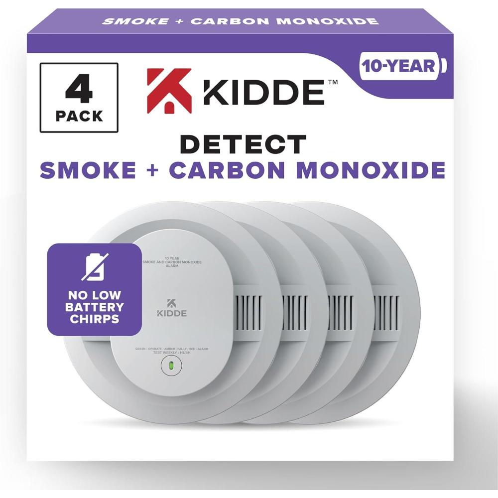 imageKidde Smoke ampamp Carbon Monoxide Detector 10Year Battery Powered LED Warning Light Indicators 4 Pack4 Pack